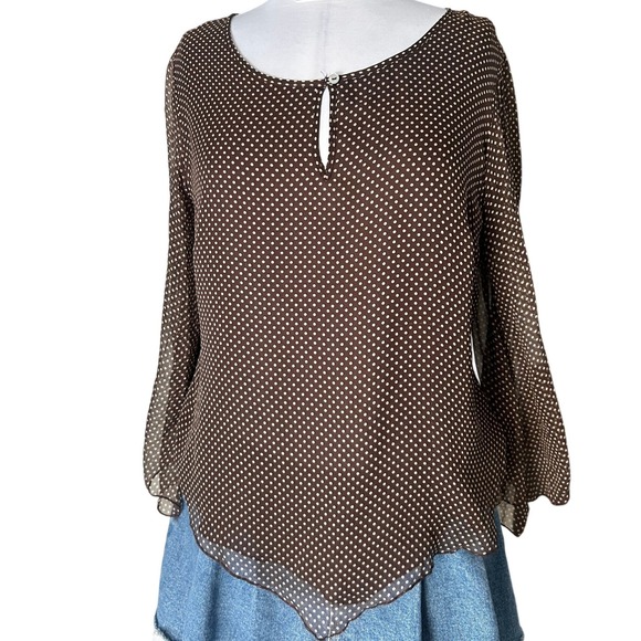 Edward Petite Tops - Vintage 100% Silk Blouse PL Brown Polka Dot Handkerchief Hem Oversized Poncho